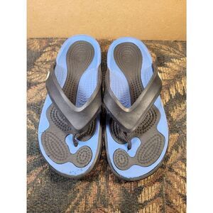 CROCS Unisex Black and Cobalt Blue Flip Flops- Size M7/W9